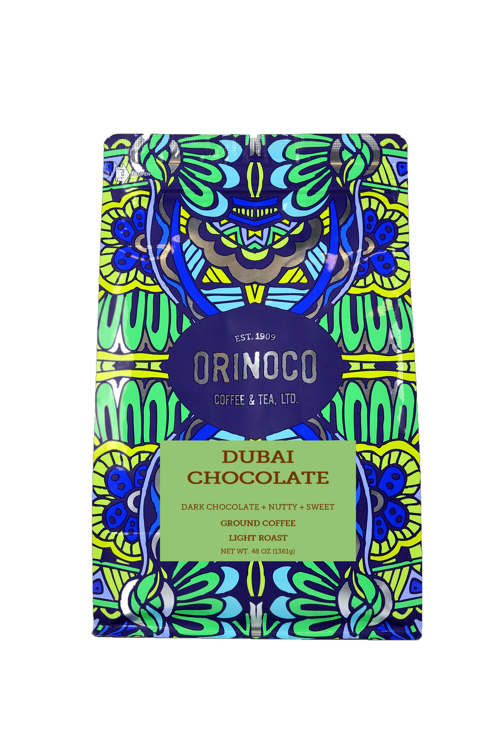 Orinoco Dubai Chocolate Flavored Coffee 3lb bag, Light Roast, Ground Coffee, 100% Arabica beans